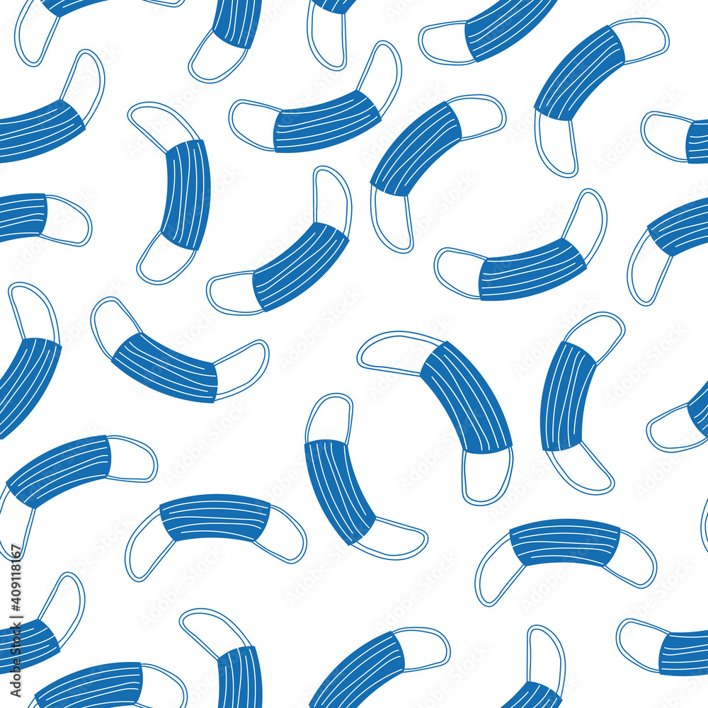 seamless pattern with blue medical face masks on a white background. Modern abstract design for paper, cover and fabric. vector illustration in doodle style. seamless pattern with blue medical face masks on a white background. Modern abstract design for paper, cover and fabric. vector illustration in doodle style.