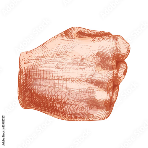 Hand sign clenched fist. Vector color vintage hatching illustration