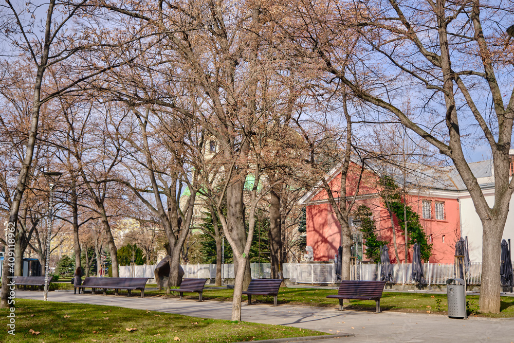 Park in Sofia and Alexander Nevsky Cathedral view from the park. Bulgaria. Sofia. 06.01.2021.