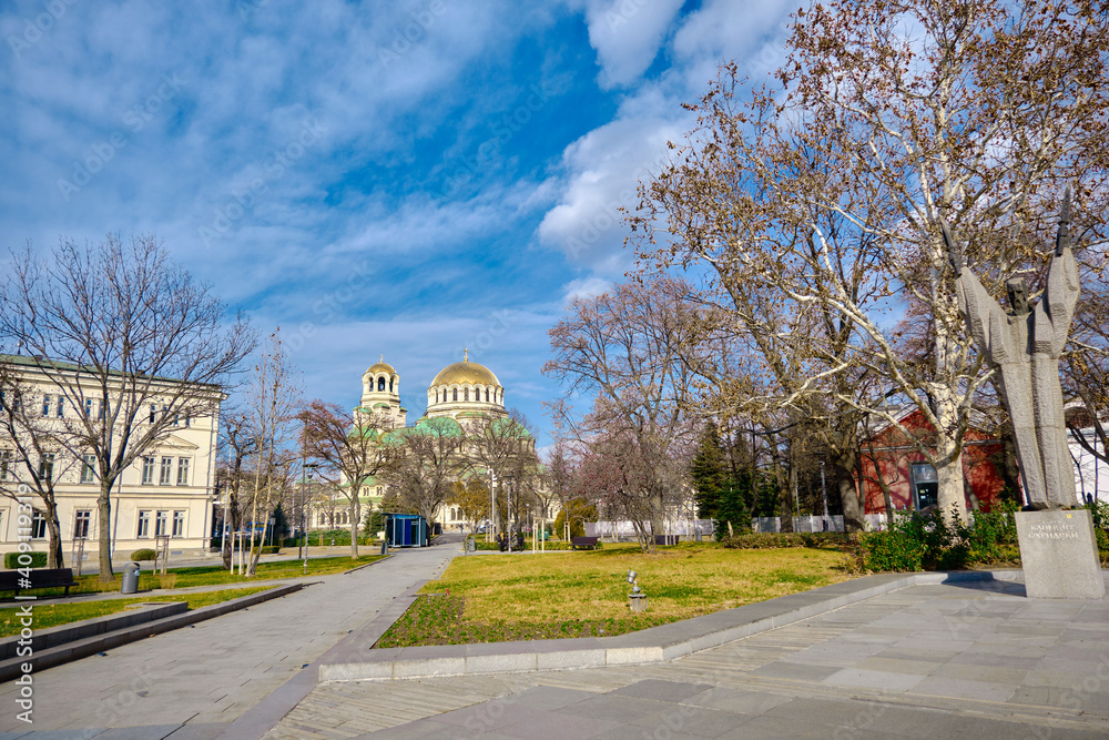 Park in Sofia and Alexander Nevsky Cathedral view from the park. Bulgaria. Sofia. 06.01.2021. Park in Sofia and Alexander Nevsky Cathedral view from the park. Bulgaria. Sofia. 06.01.2021.