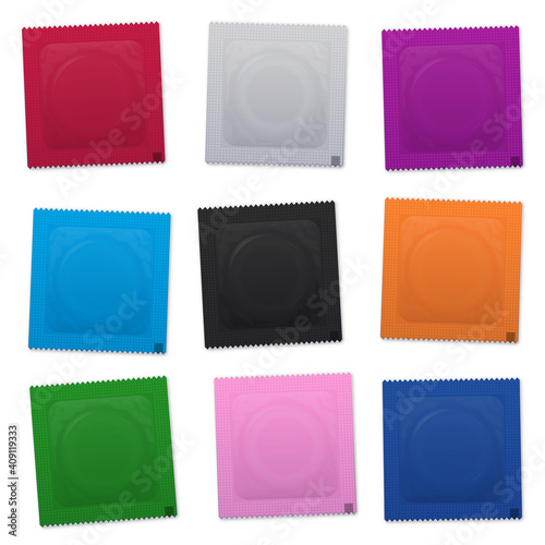 Colorful condom packaging set. Unlabeled, blank preservatives packed in plastic envelopes. Isolated vector illustration on white background.
