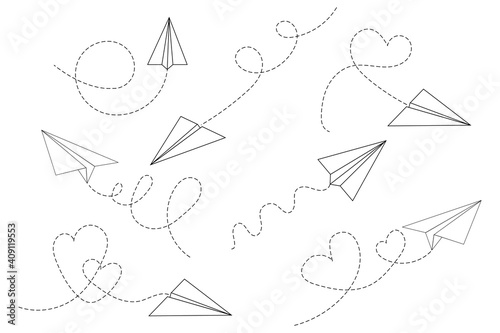 Set of paper airplane with heart . Flying airplane with dotted air route in heart. Hearted airplane path, flight air trace ,vector illustration in EPS 10.