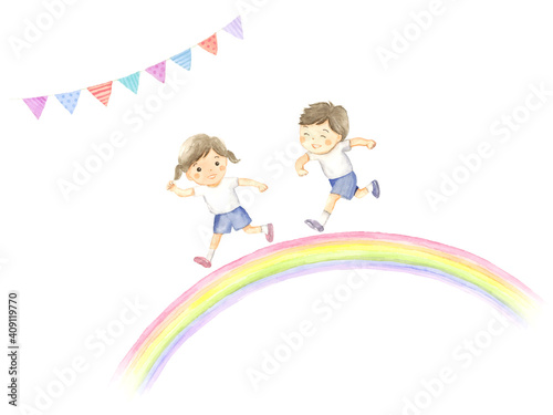 虹を走る子どもたち　水彩イラスト