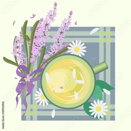 Green tea with aromatic herbs lavender, chamomile and lemon balm. Mint leaves, wildflowers and a cup of herbal drink on a napkin top view. Vector illustration in the flat style