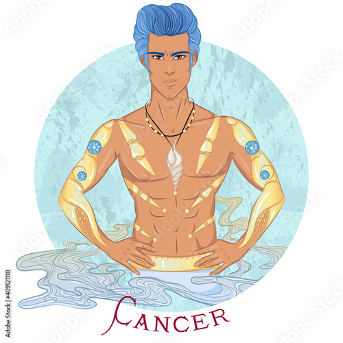 Zodiac. Vector illustration of the astrological sign of Cancer as a beautiful man with swarthy skin and naked torso. Sign inscribed in a round shape isolated on white background. Fashion man
