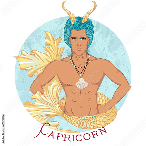 Zodiac. Vector illustration of the astrological sign of Capricorn as a beautiful man with swarthy skin and naked torso. Sign inscribed in a round shape isolated on white background. Fashion man