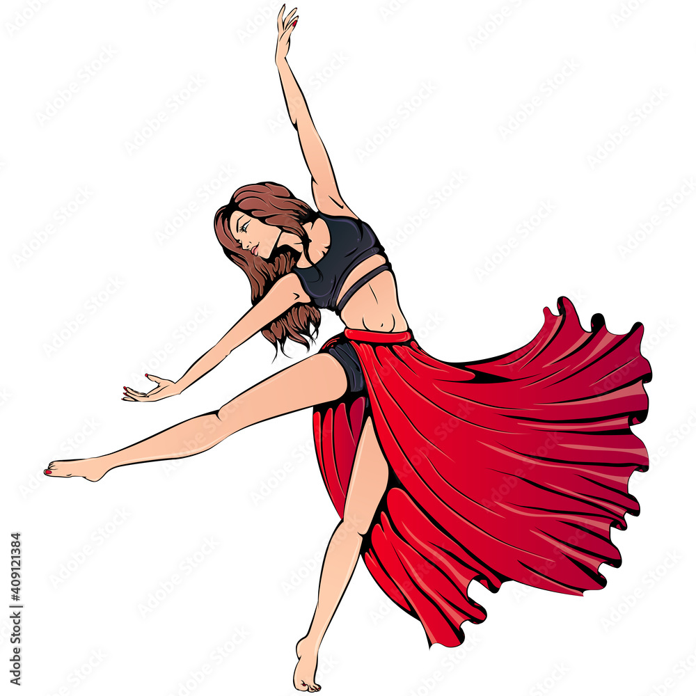 Vector illustration of young girl dancing contemporary dance in a long red skirt isolated on white background. Beautiful sensual girl. Dance icon. Modern dance art for dance studio, shop.