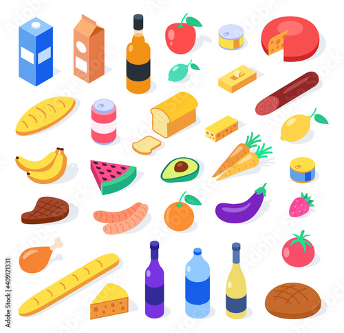 Gastronomy icons set in isometric 3d style. Food and drinks isolated on white background. Isometric vector.