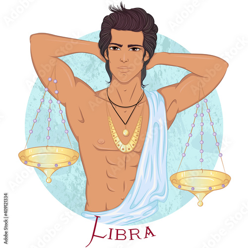 Zodiac. Vector illustration of the astrological sign of Libra as a beautiful man with swarthy skin and naked torso. Sign inscribed in a round shape isolated on white background. Fashion man