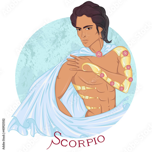 Zodiac. Vector illustration of the astrological sign of Scorpio as a beautiful man with swarthy skin and naked torso. Sign inscribed in a round shape isolated on white background. Fashion man