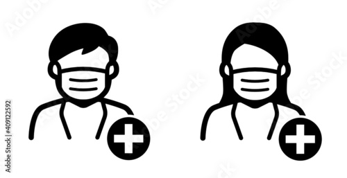 Male and female doctor medical staff symbol man with face mask healthcare icon