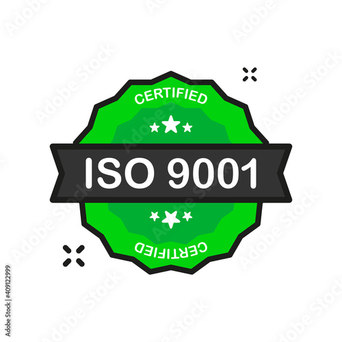 ISO 9001 Certified badge Certification green Stamp icon in flat style on white background. Vector illustration.