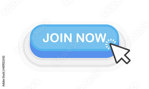 Join Now blue 3D button in flat style isolated on white background. Vector illustration.