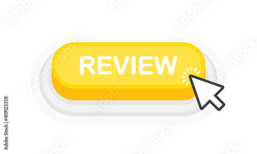 Review yellow 3D button in flat style isolated on white background. Vector illustration.