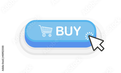 Buy blue 3D button in flat style isolated on white background. Vector illustration.