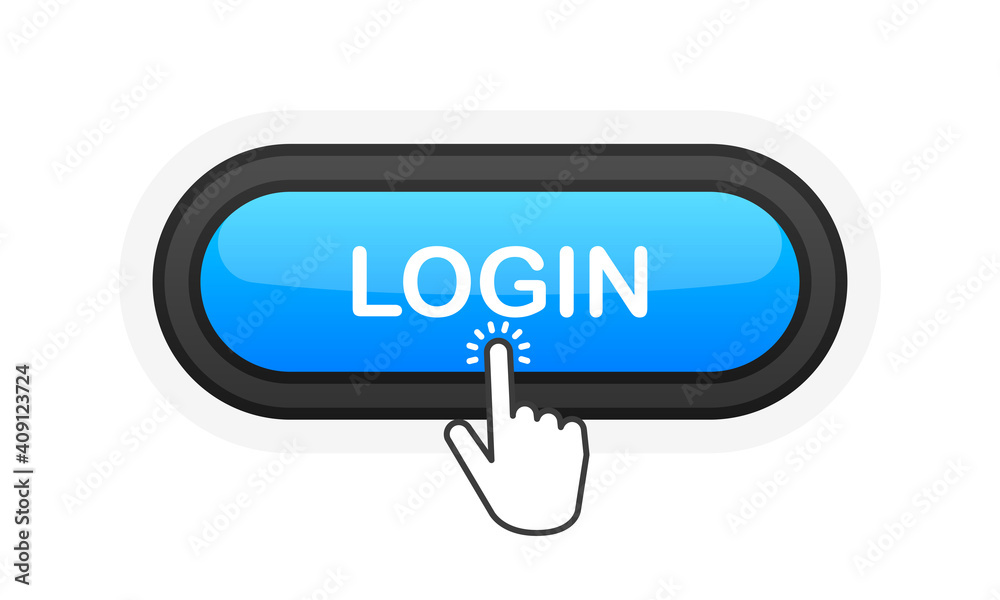 Login blue realistic 3D button isolated on white background. Hand clicked. Vector illustration. Login blue realistic 3D button isolated on white background. Hand clicked. Vector illustration.