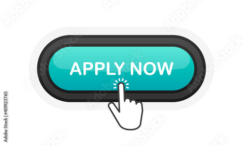 Apply Now green realistic 3D button isolated on white background. Hand clicked. Vector illustration.