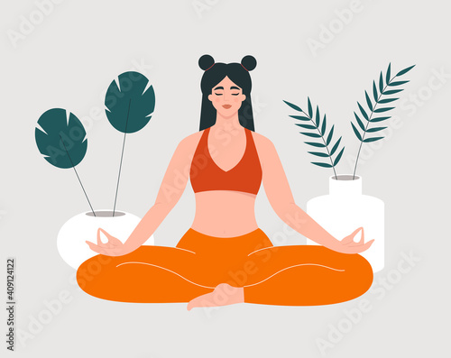 Woman doing yoga at home. Young beautiful girl sitting in lotus position on the floor and practicing asanas. Relaxation, wellness, balance concept. Isolated vector illustration with a female character