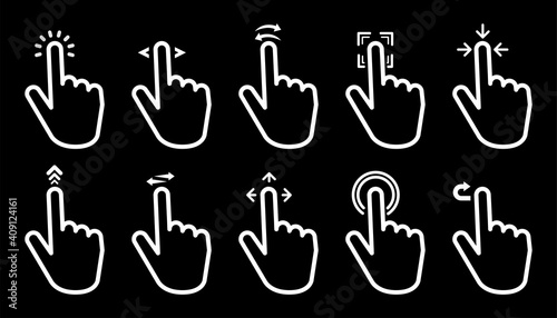 Hand Gesture Swipe big collection icons on black background. Vector illustration.