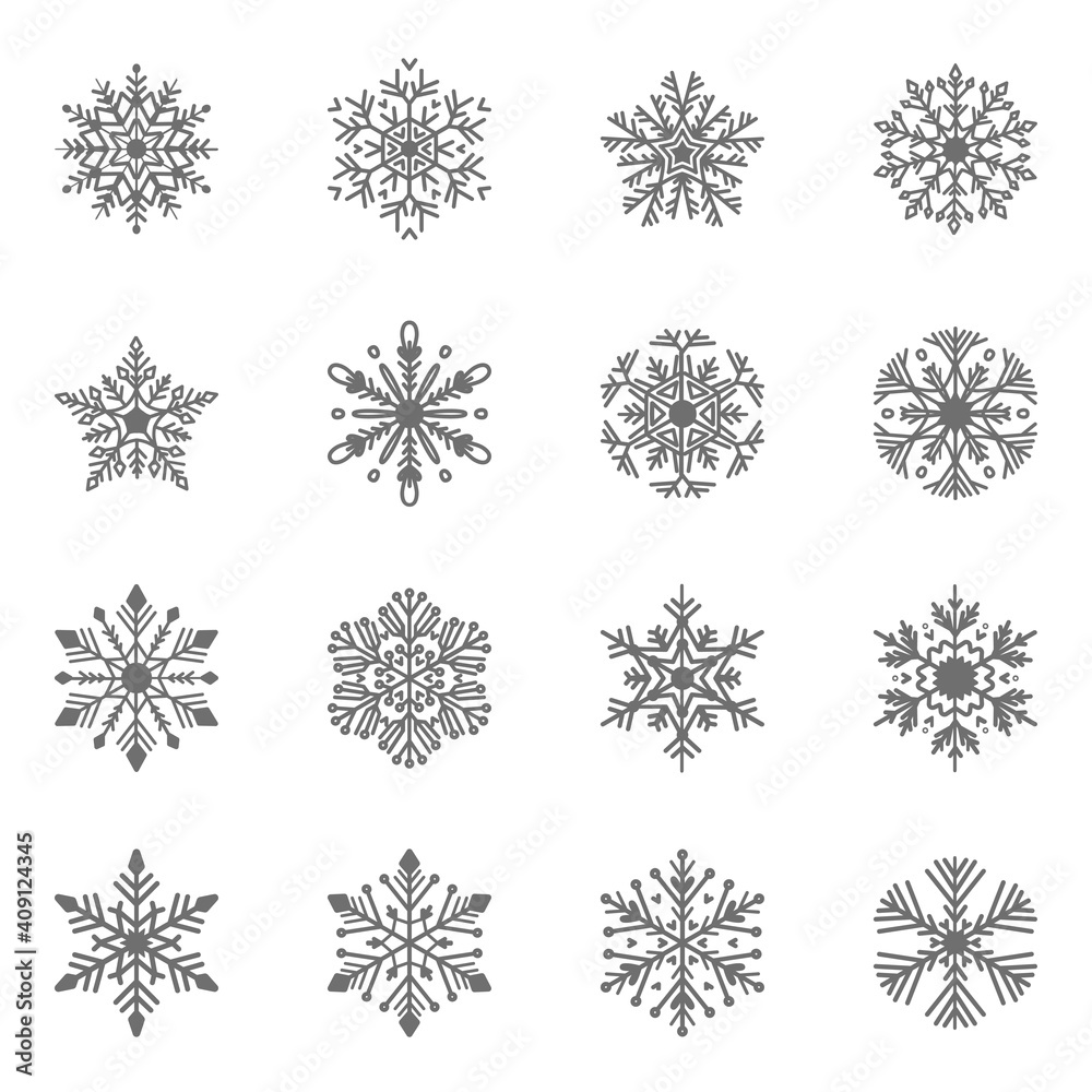 Set of flat snowflakes in line art style. Geometric snow symbol in line isolated silhouette symbol. New Year and Christmas holidays linear black design elements
