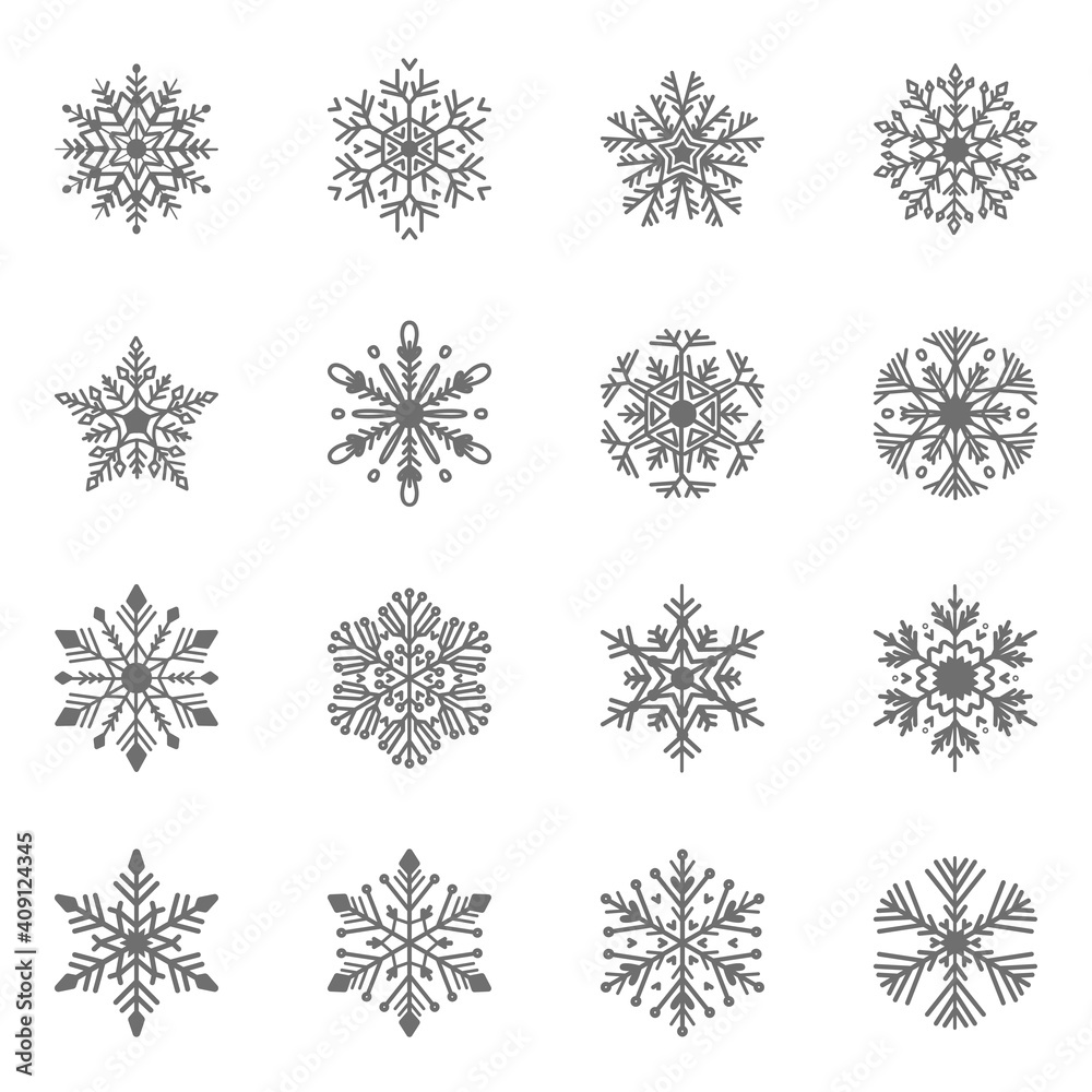 Set of flat snowflakes in line art style. Geometric snow symbol in line isolated silhouette symbol. New Year and Christmas holidays linear black design elements Set of flat snowflakes in line art style. Geometric snow symbol in line isolated silhouette symbol. New Year and Christmas holidays linear black design elements