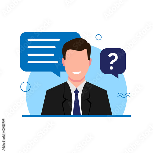 a man confidently answers interview question concept illustration flat design vector eps10. simple and modern style graphic element for infographic, landing page, empty state app or web ui