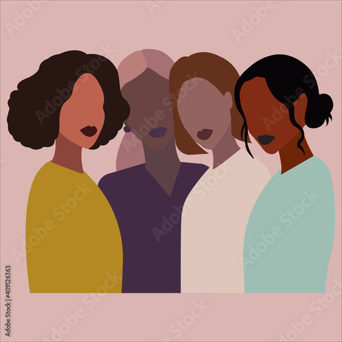 Women different nationalities standing together. Fight against violence against women. The struggle for rights, independence, equality. Women support and friendship. International women's day card