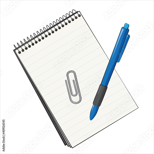 Paper notebook with paperclip and blue plastic pen on a white background. Stationery stuff.