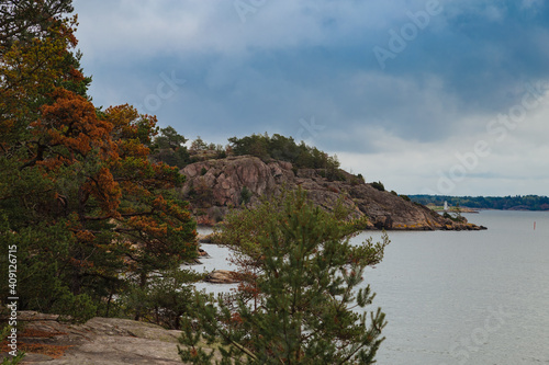 pine tree on the rock. clouds over the sea. Big yellow and dark clouds over the sea. Swedish landscape. Swedish island. 