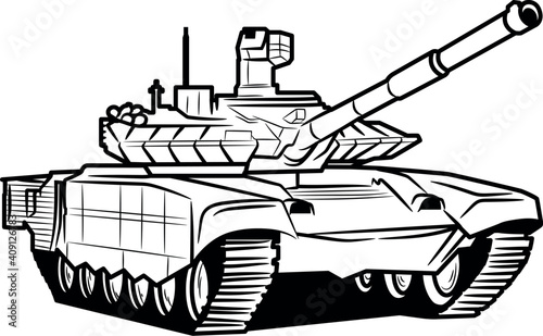 A huge tank with a raised muzzle.  Isolated on a white background.  Tank illustration for coloring.Illustration in ink hand drawn style.