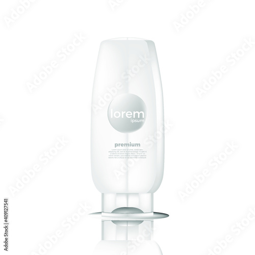  Plastic cosmetic white shampoo bottle with white cap , shower gel, lotion or bath foam. Ready for your design. Vector illustration. 