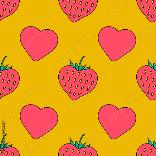 Cute Valentines Day seamless pattern with hearts and strawberry on a yellow background. Colorful strawberries and hearts