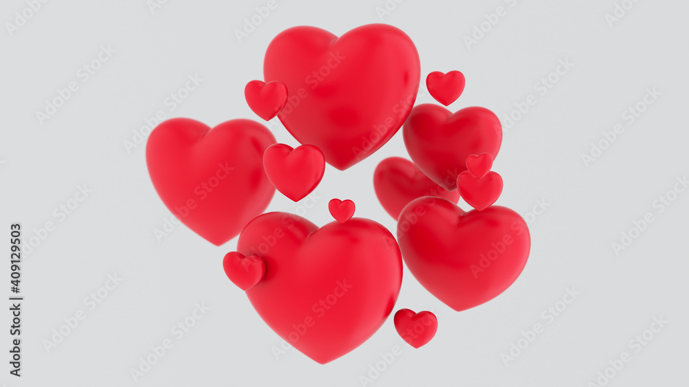 Red heart flying on white background. Symbols of love for Happy Women's, Mother's, Valentine's Day, birthday greeting card design. Many red hearts. Romantic like concept. 3d rendering