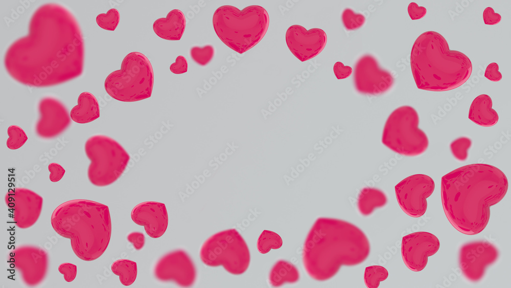 Pink heart flying on white background. Symbols of love for Happy Women's, Mother's, Valentine's Day, birthday greeting card design. Many pink hearts. Romantic concept. 3d rendering