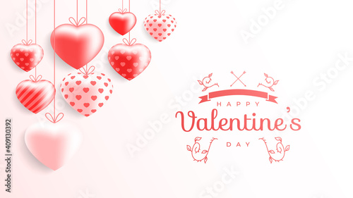 Fototapeta Naklejka Na Ścianę i Meble -  Happy Valentine's Day banner. Holiday background design with heart made of pink and red balloon. Horizontal poster, flyer, greeting card, header for website