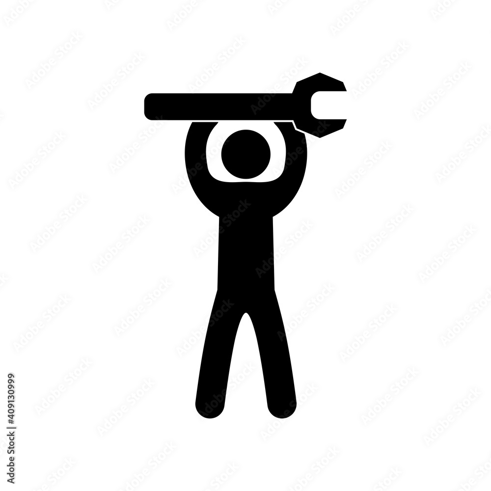Φωτογραφία repair icon, man holding a wrench, lifts up the tool, stick pictogram isolated f