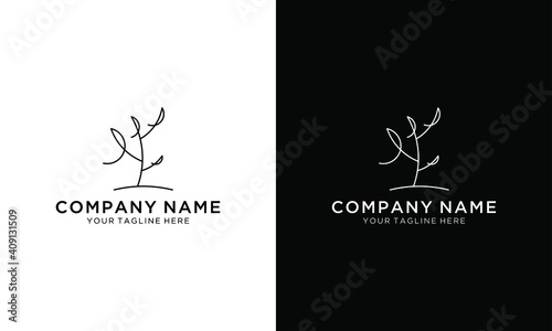 Vector line minimal decoration design elements set - female face and branch leaves illustrations simple linear style