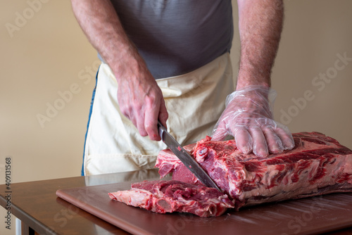 Fototapeta Naklejka Na Ścianę i Meble -  A closeup of a large fresh prime rib beef roast that is sitting on a brown plastic cutting board in a restaurant. The juicy raw red meat has some white fat marbling and multiple rib bones.