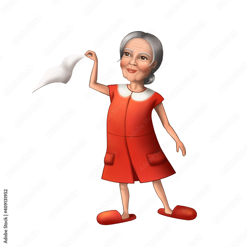 a grandmother in a red dress waves a white handkerchief on a white background a grandmother in a red dress waves a white handkerchief on a white background