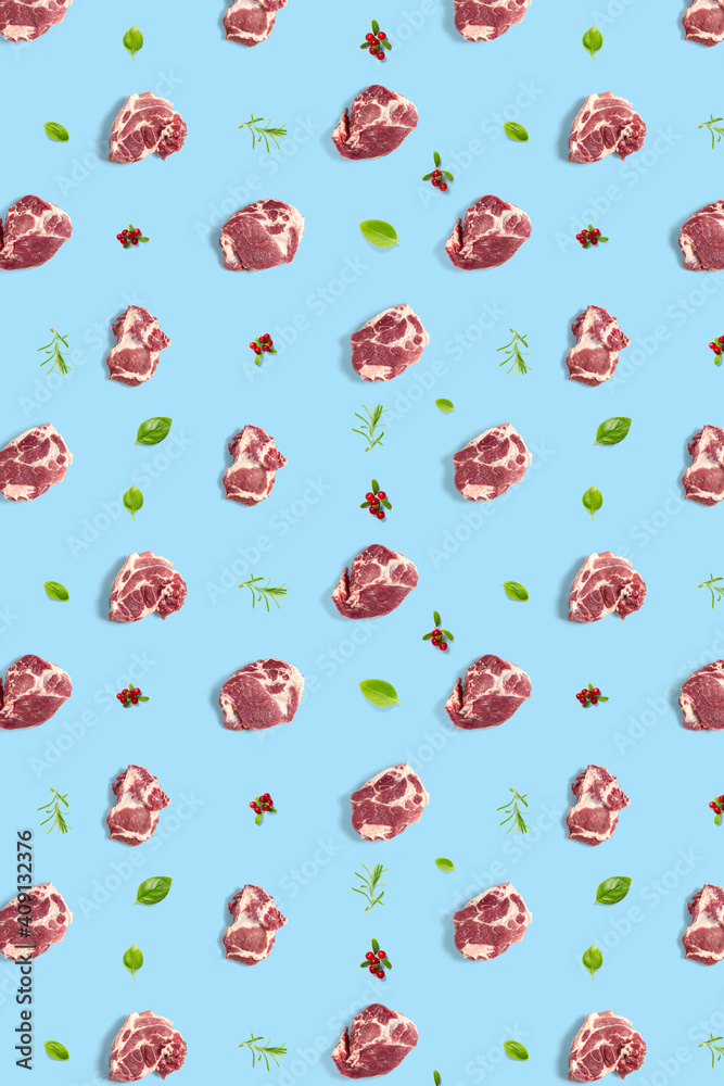 background with raw pork meat slices on blue background, raw food background, not pattern, poster modern creative, flatlay