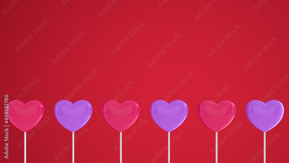 Red and purple hearts on a stick on a pink background. 3d rendering