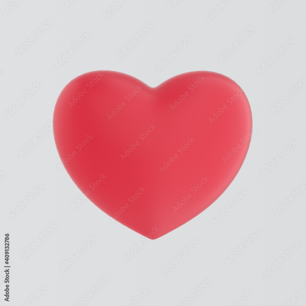 Big red heart isolated on white background with reflection effect. Realistic Romantic Element. For Wedding, Anniversary, Birthday, Valentine's Day. Like symbol. Romantic concept. 3d rendering