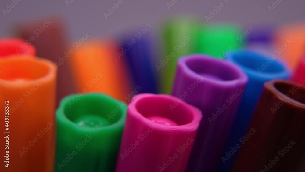 Colorful Felt Tip Pen Set with Caps Rotating until Full Stop Close Up
Colorful Felt Tip Pen Set with Caps Rotating until Full Stop Close Up