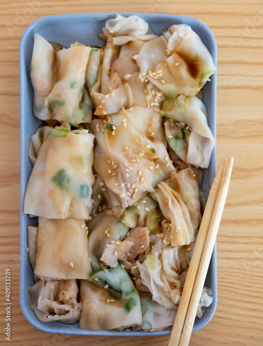 traditonal Cantonese food of cheong fun or rice noodle rolls vertical composition photo