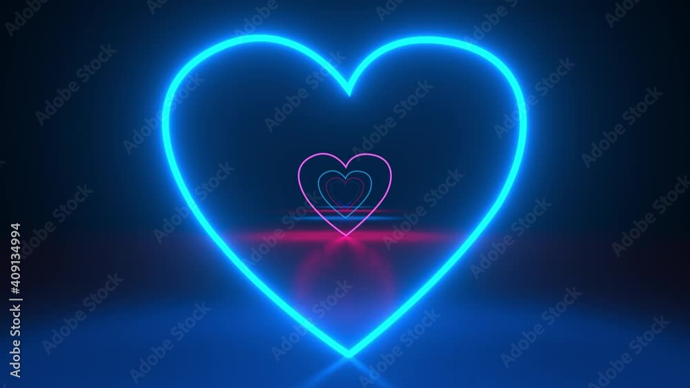 Abstract futuristic corridor with pink blue hearts on dark background. Laser neon lines, geometric endless tunnel. Valentine's Day. Romantic love concept. Moving forward. 3d animation loop of 4K