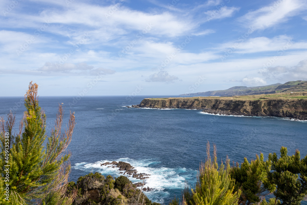 Panorama view over Porto Formoso bay, Sao Miguel island, volcanic beach, Azores.