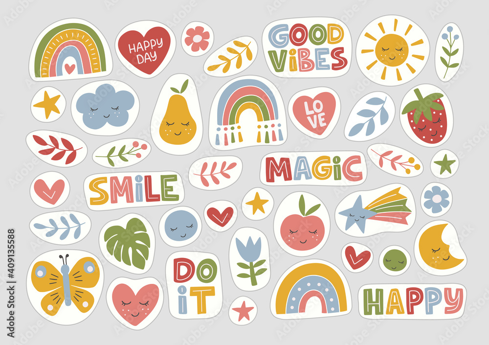 Stickers flat vector illustration. Trendy hand drawn rainbow, inspirational quotes, plant, sun, fruit. Set of symbols of weekly or daily planner, to do list, diaries, organizer.