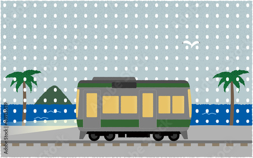 雪の中、ライトを点けて海沿いを走る電車のベクターイラスト