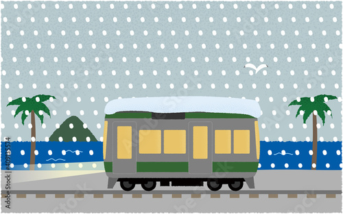 吹雪の中、ライトを点けて海沿いを走る電車のベクターイラスト
