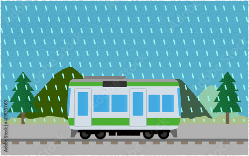 豪雨の中、山沿いを走る電車のベクターイラスト